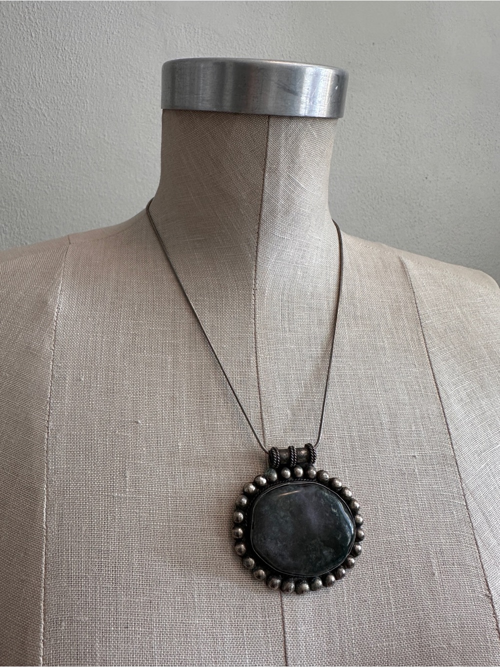 Vintage silver statement pendant large with oval green moss agate